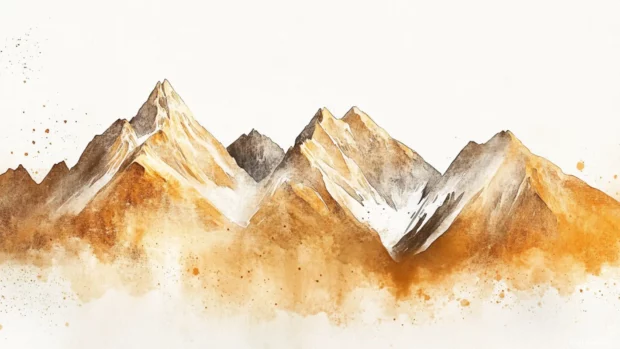 Golden alpine peaks painted in watercolor, elegant watercolor desktop wallpaper with mountains.