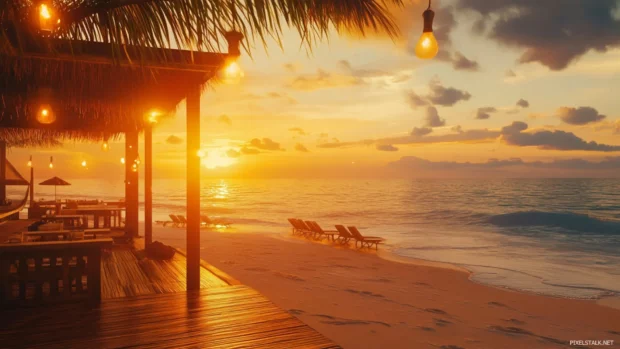 Golden beach under sunset light blending with summer vibes wallpapers aesthetic atmosphere.