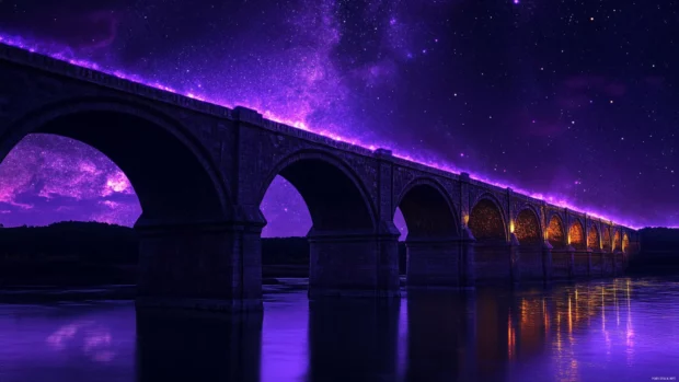 Golden bridges wrapped in violet starlight.