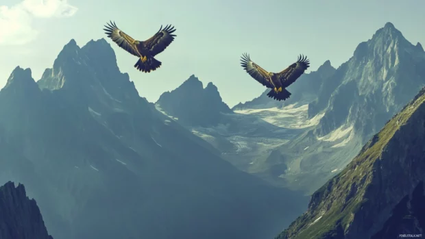 Golden eagles soaring high over mountain peaks.