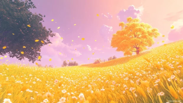 Golden fields dancing beneath a pretty pastel sky.