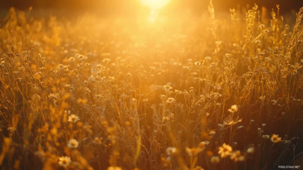 Golden fields glowing with pretty wildflowers at sunrise.