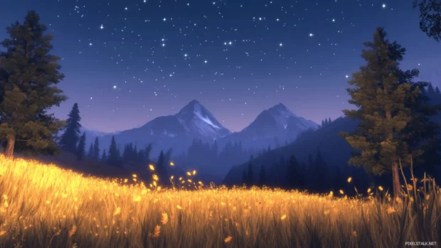 Golden fields slumbering under early stars.