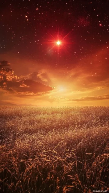Golden fields sparkling under the gaze of a red star, awakening the glow of mystical red starlight background.