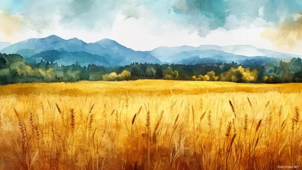 Golden fields stretching toward distant watercolor mountains.