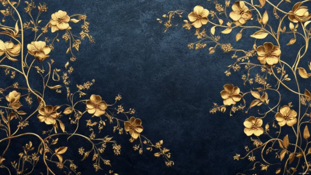Golden floral etching over deep navy background, luxurious floral desktop wallpaper design.