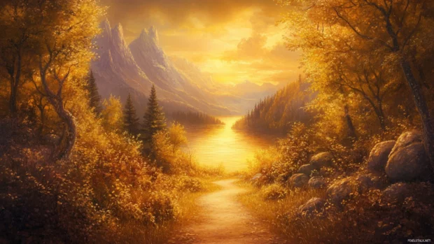 Golden forest path under fading sun, calming high definition background.