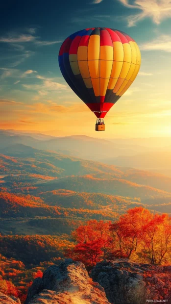 Golden glow from radiant sunrise on colorful hot air balloon drifting over a scenic valley.