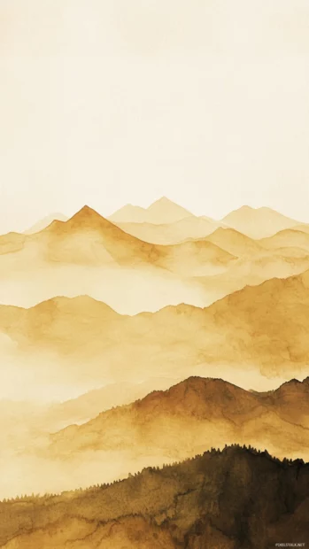 Golden hilltops emerging from early Aesthetic Watercolor mist, Clean and Elegant style.