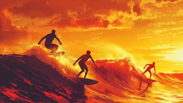 Golden hour captures the essence of Summer Vibes with silhouettes of surfers riding waves against a vivid horizon.