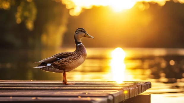 Golden hour frames a duck standing on a wooden dock by the lake.