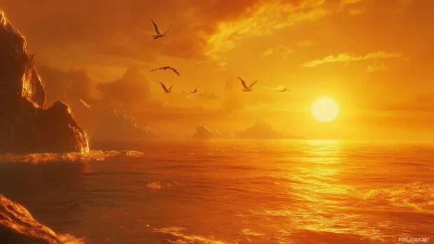 Golden hour lighting over ocean water with seagulls, beautiful sea landscape desktop wallpaper.