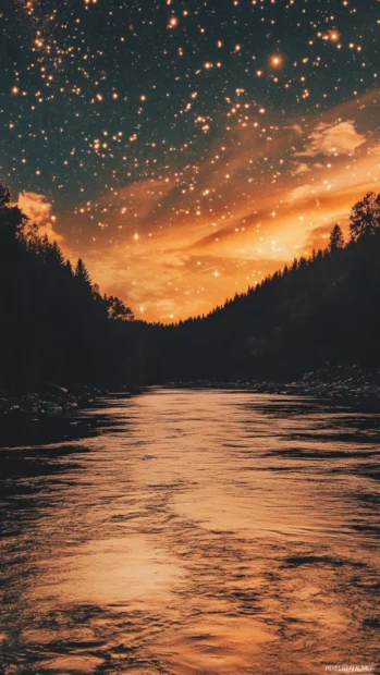 Golden hour rivers lined by glittering star clouds, framing the elegance of muted tone stars wallpaper aesthetic.