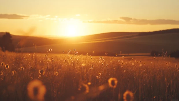 Golden hour sunset wallpaper, Pretty golden sunset lighting up countryside meadow.