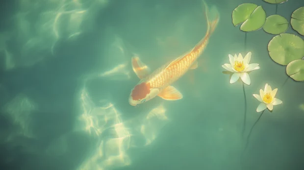 Golden koi fish in a calm pond, surrounded by water lilies and subtle ripples reflecting the sunlight.