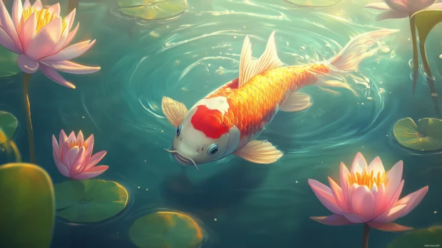 Golden koi fish in a calm pond, surrounded by water lilies and subtle ripples reflecting the sunlight.