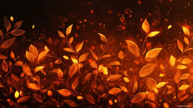 Golden leaves burning brightly against the twilight, Sunset autumn forest wallpaper.