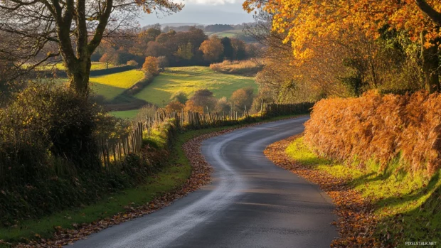 Golden leaves lining a winding country lane, Romantic autumn road wallpaper.