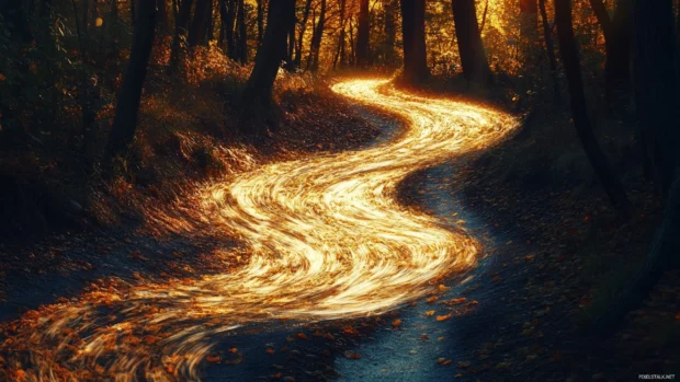 Golden leaves swirl gently across a forest trail bathed in sunset light.