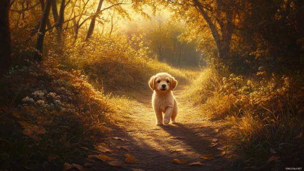 Golden light bathes a curious puppy exploring a country path.