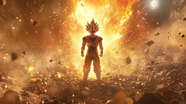 Golden light explodes around Goku as he breaks through his limit and stands in the rubble.
