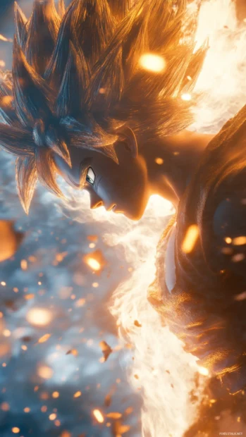Golden light reflects in Gokus eyes as he calmly hovers above the battlefield.