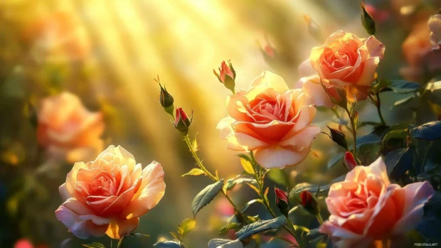 Golden light shining through Pretty Roses bush.