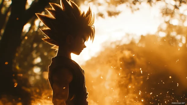 Golden light surrounds Goku as he stands in silence, breathing slowly before a fight.