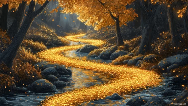Golden maple leaves spiral down a tranquil stream.