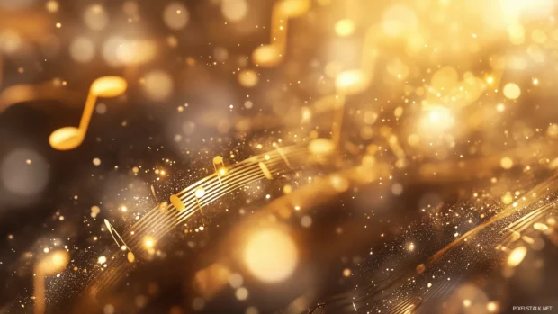 Golden music notes swirl in abstract scene with soft bokeh background and warm light.