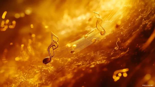 Golden music notes swirl through soft bokeh backdrop with warm ambient lighting.