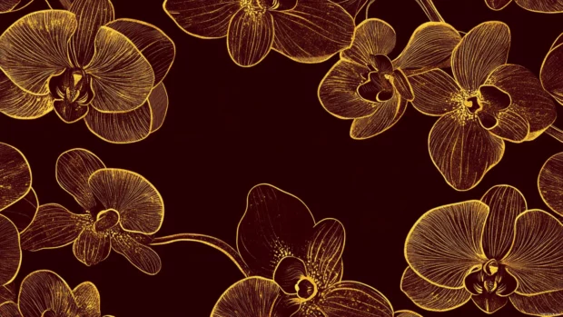 Golden outline of orchids forming repetitive tiling on deep maroon.