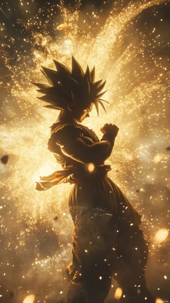 Golden particles dance around Goku as he prepares for battle with fierce determination.