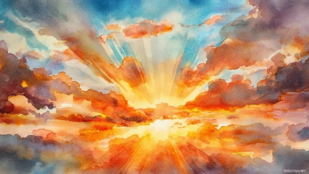 Golden rays breaking through clouds captured in a sunset sky watercolor painting.