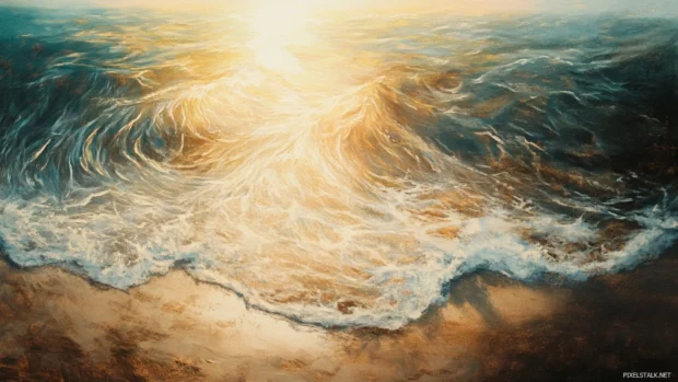 Golden rays stretch across a quiet coastal landscape as the waves gently meet the shore.