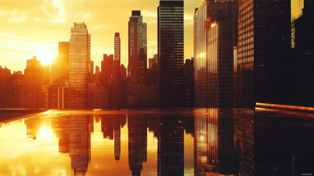 Golden reflections on a city skyline at sunset, blending urban charm with summer warmth.