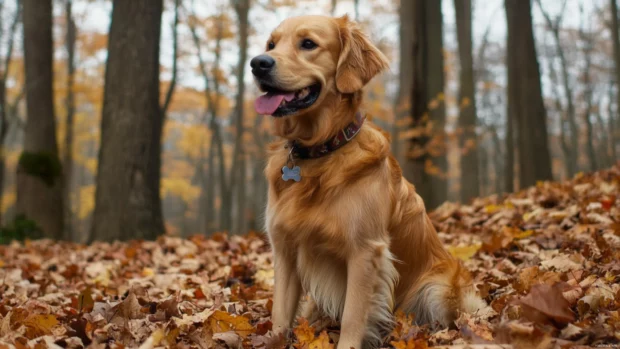 Golden retriever playing in autumn leaves, trending in fall dog wallpaper searches.