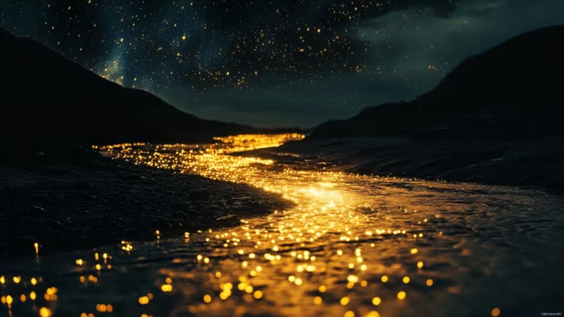 Golden rivers flowing under scattered starlight.