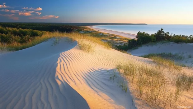 Golden sand dunes overlooking Pretty Ocean tide.