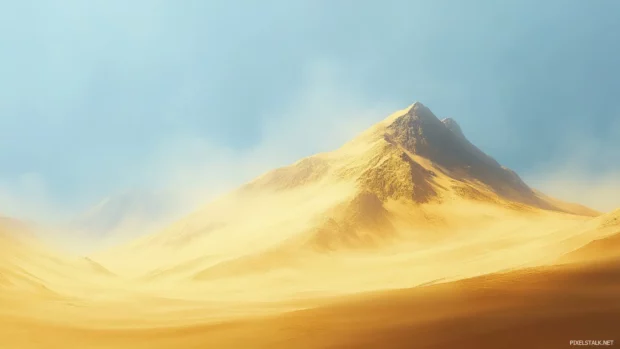 Golden sand dunes shifting under a soft breeze in the desert.