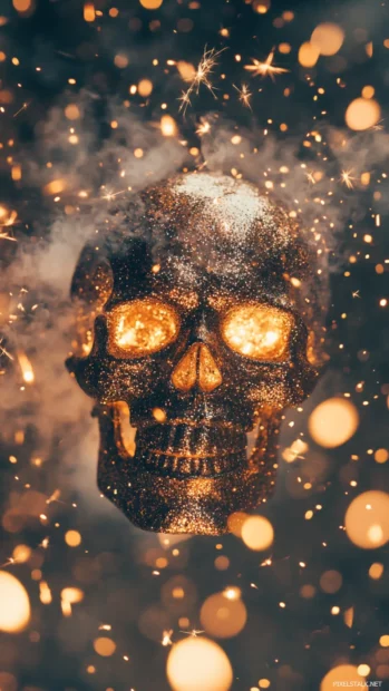 Golden skull iPhone wallpapers and surrounded by sparks and shadows.