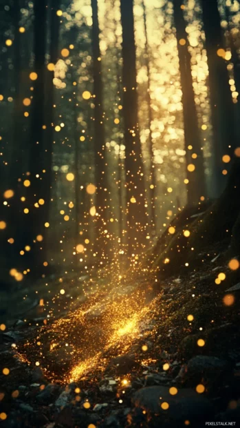 Golden sparks drifting upward in a mysterious forest.