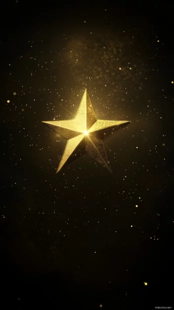Golden star glowing, pitch black sky, faint stardust hint.