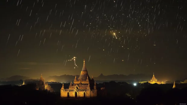 Golden star showers lighting up ancient temples.