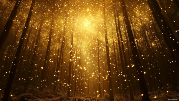 Golden starlight blooming in quiet forest glades, evoking the grandeur of gold glitter stars wallpaper 4k.