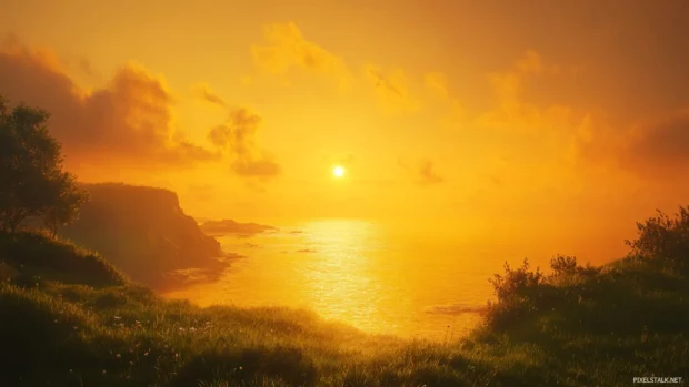 Golden summer sunrise over tranquil coastal landscapes.