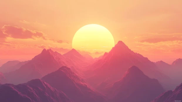 Golden sun sinking behind pretty mountain ridge, Beautiful sunset background.