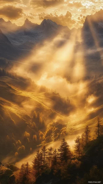Golden sunbeams breaking through moving mist in a valley.