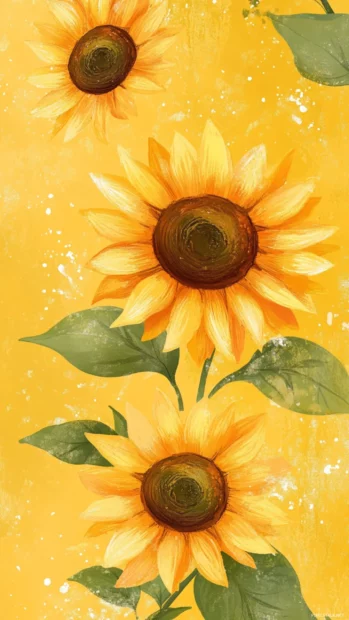 Golden sunflower pattern dancing across the iPhone lock screen wallpaper, bright and joyful.