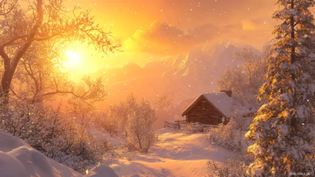 Golden sunlight over a snowy cabin, high resolution winter wallpapers for PC use.